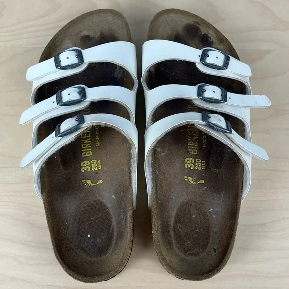 Birkenstock Women’s Size 39 / 8.0 Florida White Leather 3 Strap Cork Sandals - Picture 3 of 15